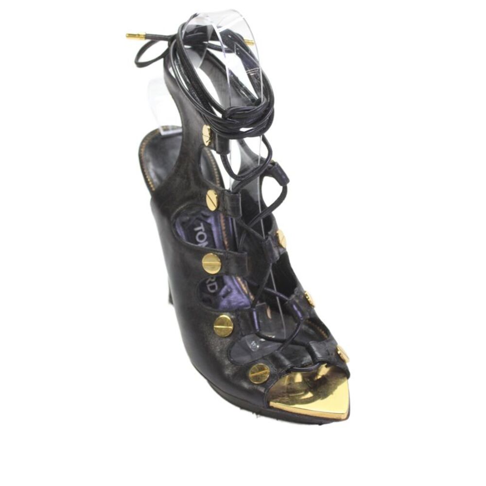 Tom Ford Womens Leather Lace-Up Platform Heels Black Size 7